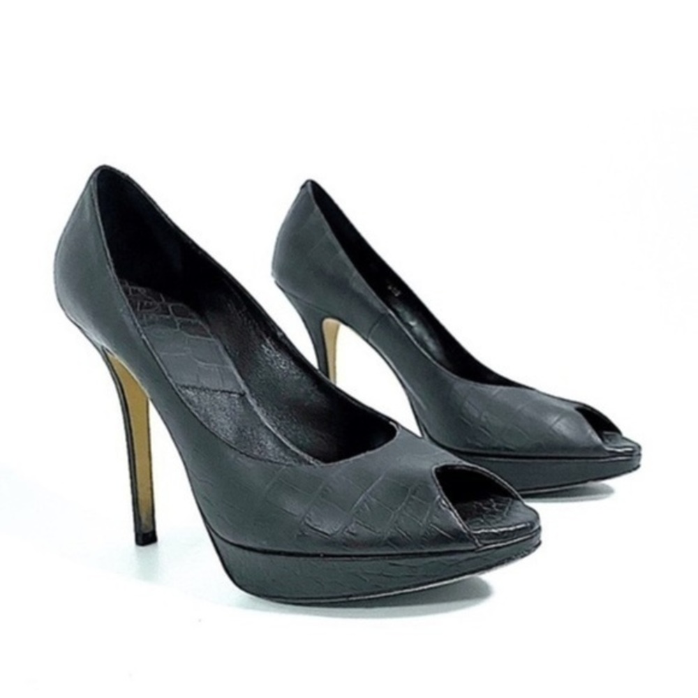 Dior. matte black leather heels.  Python/ croc